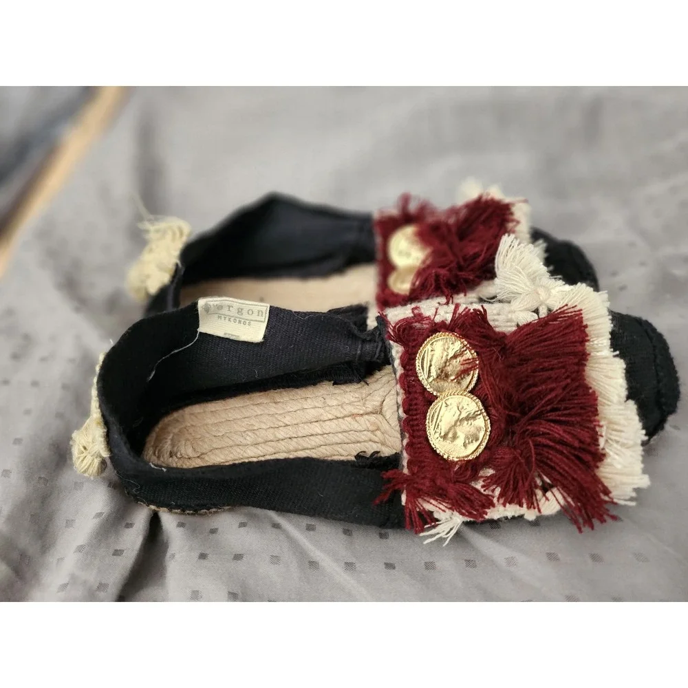 Ergon Mykonos Espadrilles Black Canvas Fringe Gold Coin Flats Spain Size 37 US 7